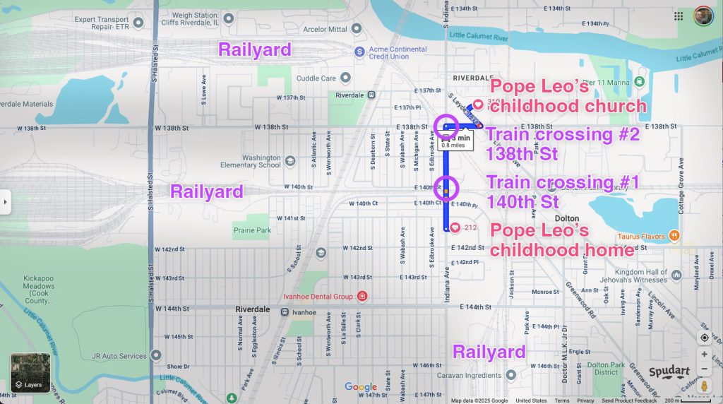 Map of the three railyards by Pope Leo's hometown in Chicago. Marked is his hometown church, his childhood home, and the two train crossings between his home and his church.