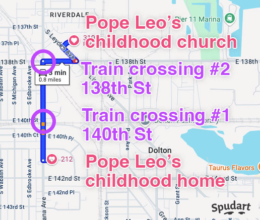 Closeup neighborhood map marking Pope Leo's childhood church, childhood home, and the two train crossings on his path to church.